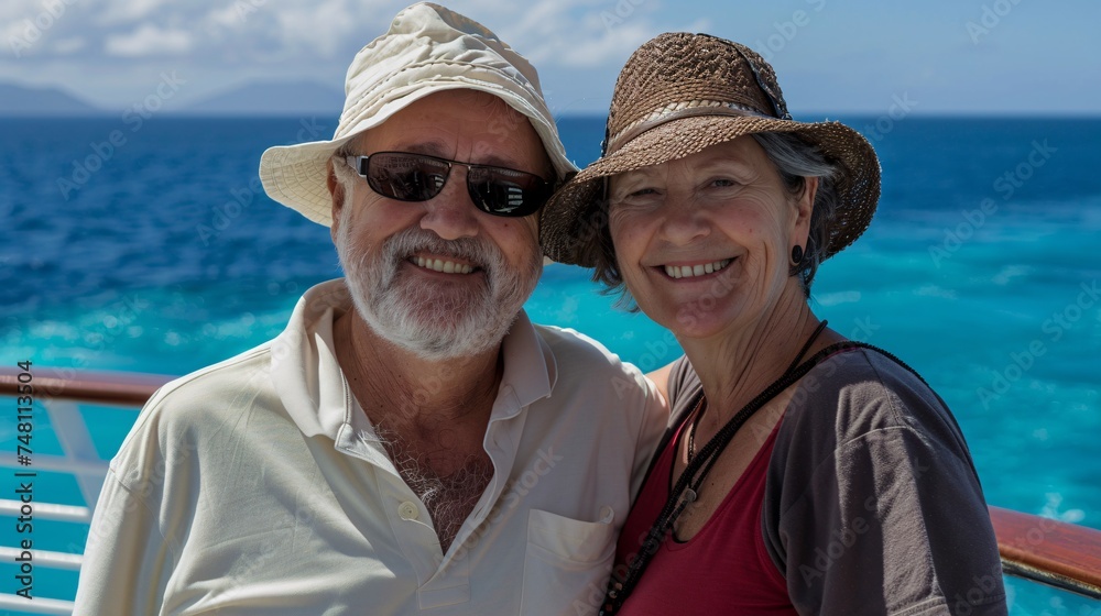 Retired couple smiling as they set off on a cruise ship adventure to explore exotic islands and tropical paradises with a turquoise ocean background 