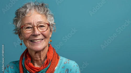 A cheerful smiling elderly woman isolated on a blue background © Maelgoa