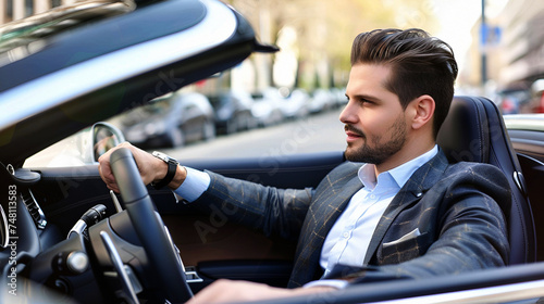 An elegant driver in a shiny car. Quiet luxury. Ideal for advertising luxury cars or stylish men's magazines.