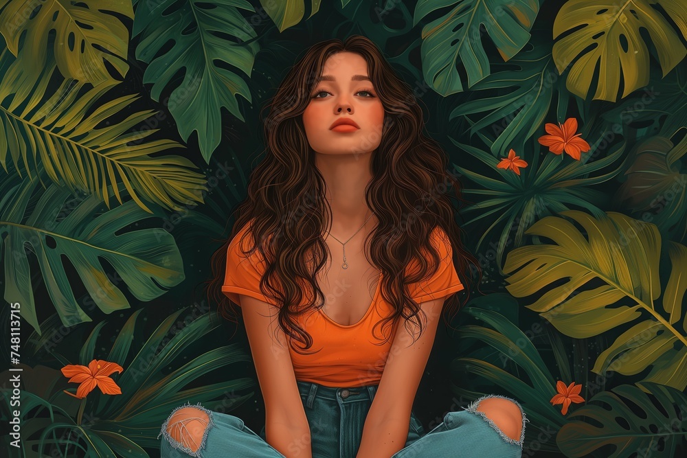 Woman amidst lush green foliage, embodying a serene connection with nature. Woman amidst lush green foliage, embodying a serene connection with nature.
