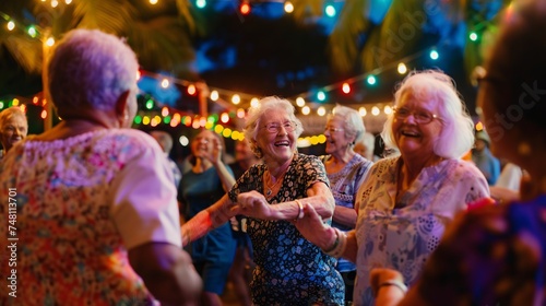 A group of seniors smiling and tapping their feet to the rhythm of live music at an outdoor concert photo