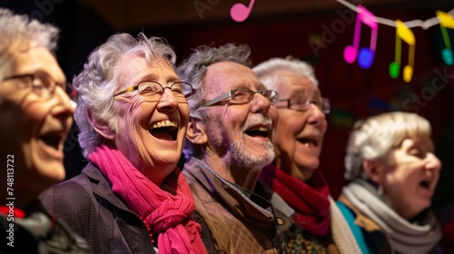 A group of seniors smiling and laughing together as they take turns singing karaoke songs