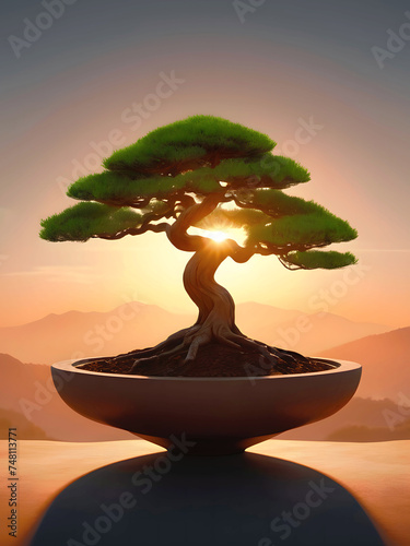 Bonsai Tree With Sun And Mountains In The Background