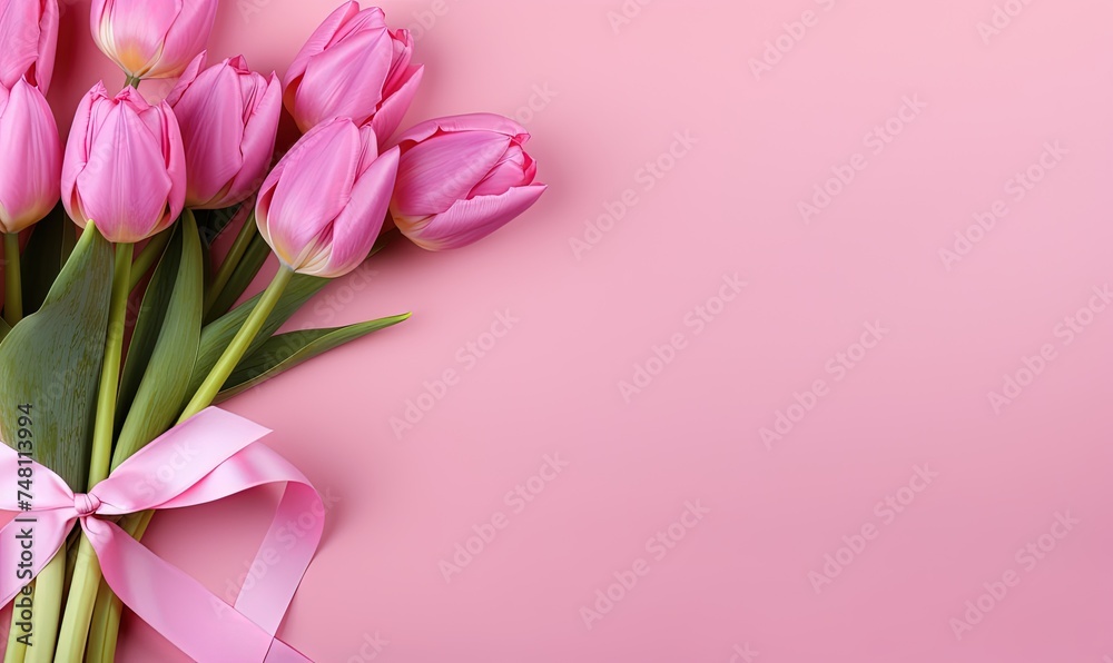 A bouquet of pink tulips tied with a fuchsia satin ribbon on a pink background. International women's day background
