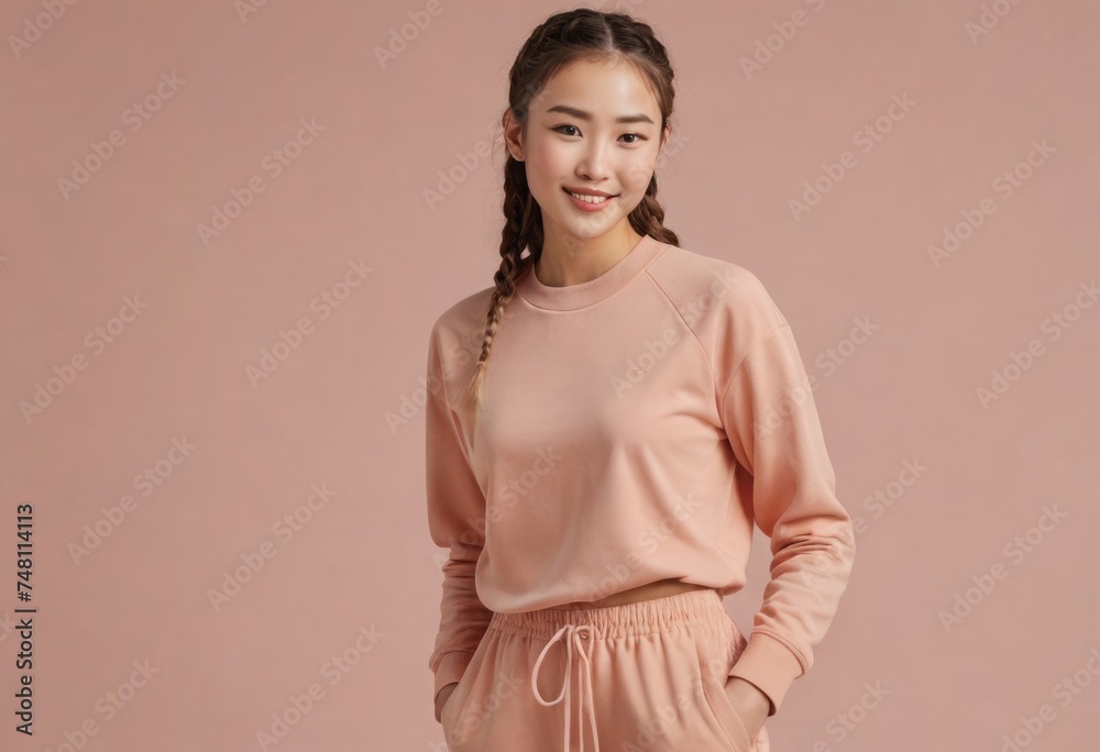 Obraz premium Woman in peach sweatshirt standing casually. Neutral expression, simple style.