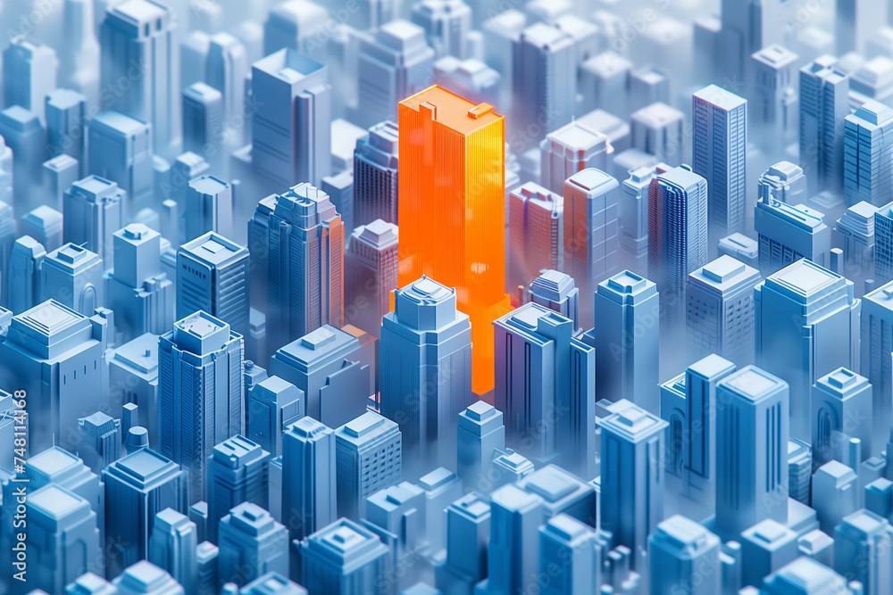 Vertical isometric blue city illustration with orange building in the center which stand out from the rest of the modern city