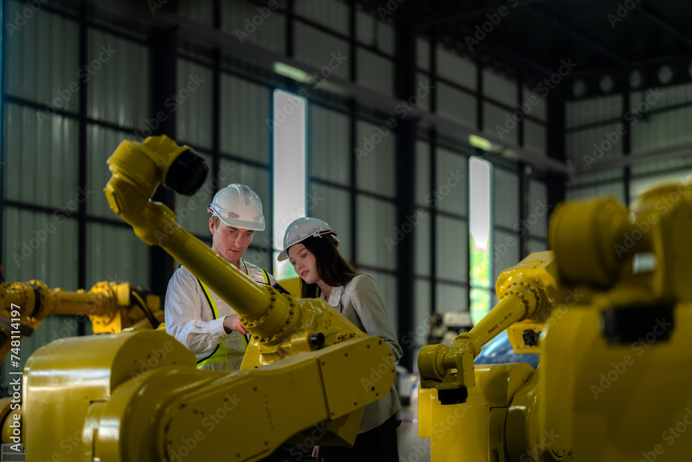 Fototapeta premium Factory engineers inspecting on machine with smart tablet. Worker works at heavy machine robot arm. The welding machine with a remote system in an industrial factory. Artificial intelligence concept.