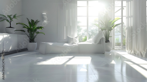 Modern Living Room With White Couch and Potted Plants © Reiskuchen