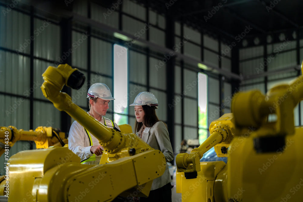 Fototapeta premium Factory engineers inspecting on machine with smart tablet. Worker works at heavy machine robot arm. The welding machine with a remote system in an industrial factory. Artificial intelligence concept.