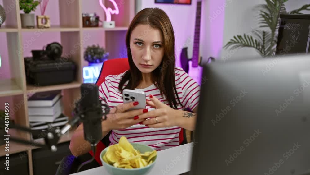 Confident young brunette girl uses smartphone in gaming room, pointing finger at camera, giving you a serious look, signaling you're her chosen one. Confident young brunette girl uses smartphone in gaming room, pointing finger at camera, giving you a serious look, signaling you're her chosen one.
