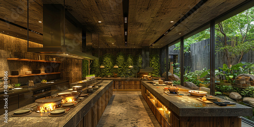 A kitchen with a vertical garden: walls covered with plants and herbs that can be used in the pr