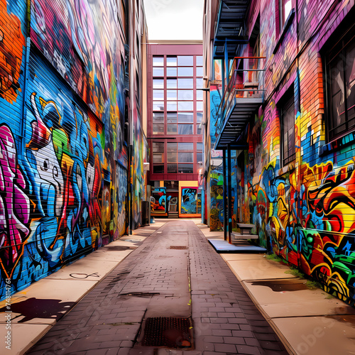 Colorful street art in an urban alley. © Cao
