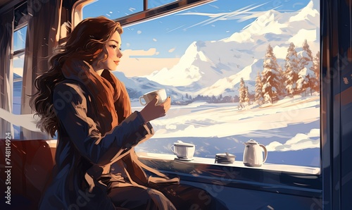 Blur foreground - young woman traveling looking out the window enjoying in Swiss Alps with the Matterhorn in winter background while sitting in the train. Tourist travel concept.
