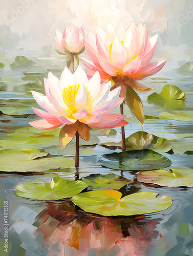 Beautiful mysterious fantastic lotus flower. Oil painting in impressionism style.