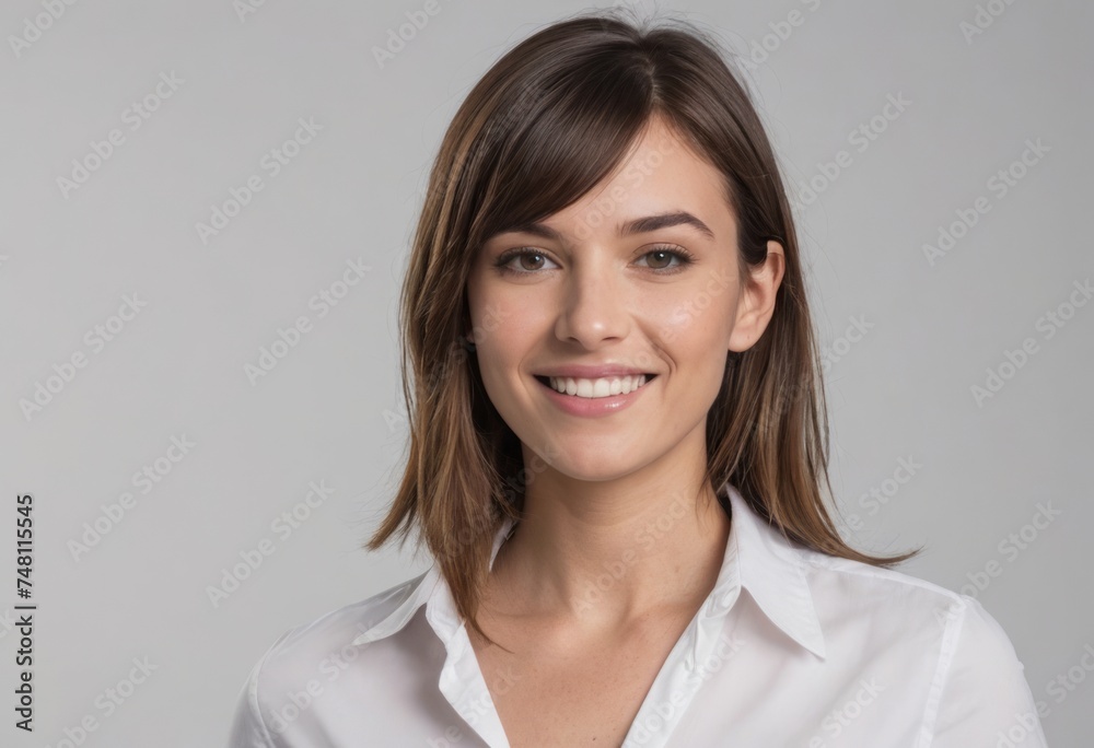 A smiling woman in a white shirt, looking at the camera with a soft expression, neutral background. - obrazy, fototapety, plakaty 