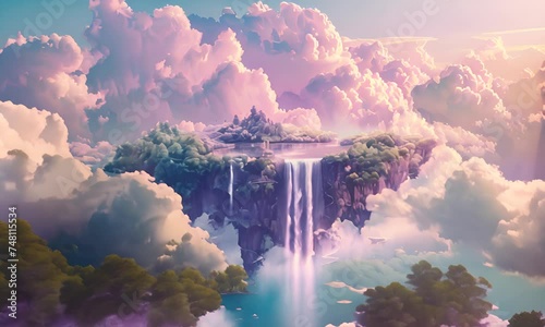 Floating island with waterfalls among clouds. The concept of utopia or a soaring world. photo
