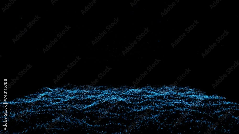 Particle waves dust on digital surface background, 3d particles creating and ethereal plane. Idea of resonance, frequency, sound waveform for background, flow, energy, vibration, 4k background.