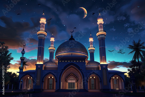 islamic mosque with night sky and moon. ramadan kareem background © Rangga Bimantara