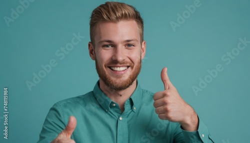 A bearded man in a teal shirt giving a thumbs up with a joyful smile. His casual look exudes friendliness and approval. photo