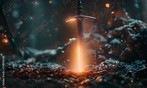 Sword embedded in the ground amidst sparks. The concept of battle and mysticism. photo