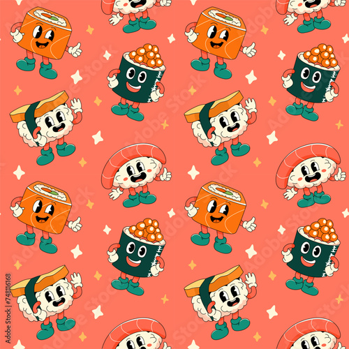 Cheerful Cartoon Sushi and Sashimi Characters Pattern.