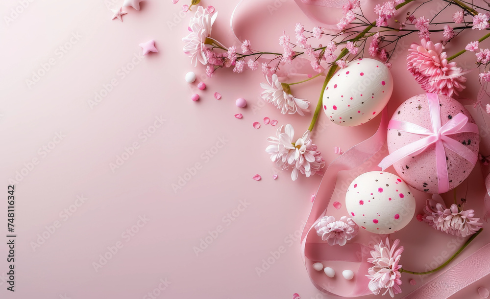 Tarjeta de felicitación de pascua, conteniendo huevos de pascua decorados, pequeña caja regalo con lazo rosa y hermosas flores decorativas