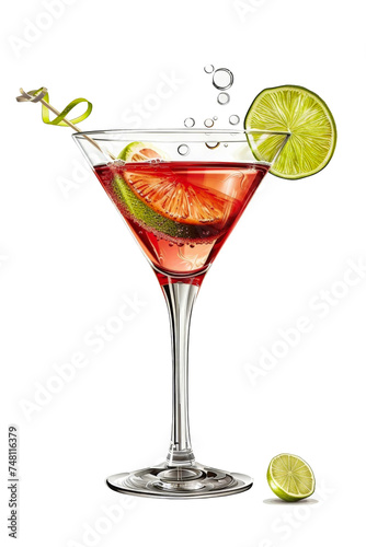 A single glass filled with a Cosmopolitan cocktail and garnished with a lime slice, isolated on a white background. Isolated. Alcoholic cocktail.