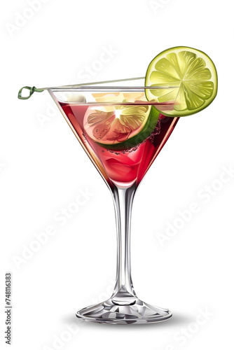 A glass filled with Cosmopolitan cocktail, garnished with a lime slice, isolated on a white background. Isolated. Alcoholic cocktail.