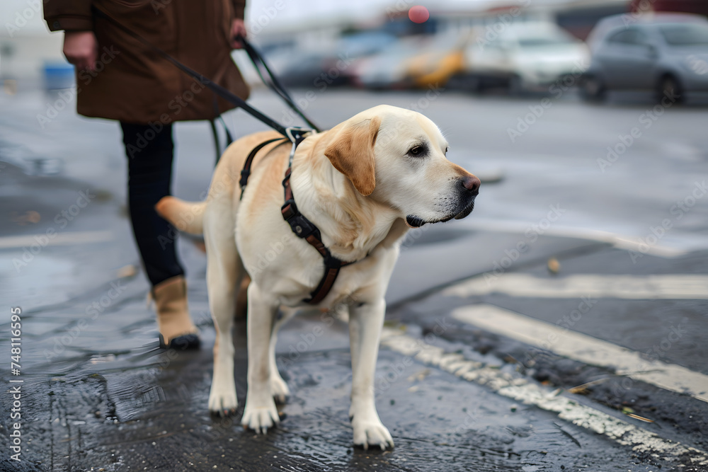 Dog blind guide service person disabled impaired helping to walk Dog blind guide service person disabled impaired helping to walk