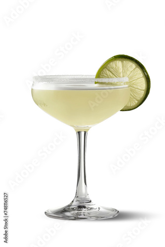 A margarita cocktail with a lime slice perched on the rim, set against a white background. Isolated. Alcoholic cocktail. photo