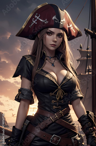 Beautiful ancient pirate girl on war ship