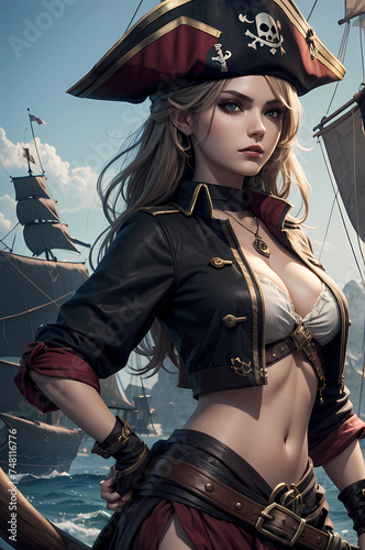Beautiful ancient pirate girl on war ship