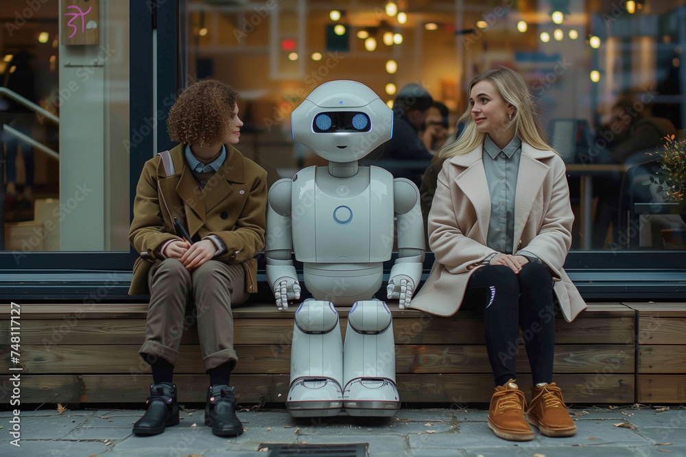 Humans and AI robots talk in the office Humans and AI robots talk in the office