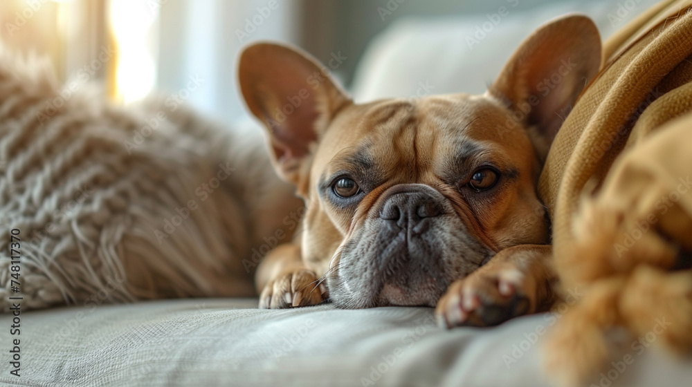 Favorite pet dog lies on the sofa in the living room. Difficulties of keeping a dog in the house.