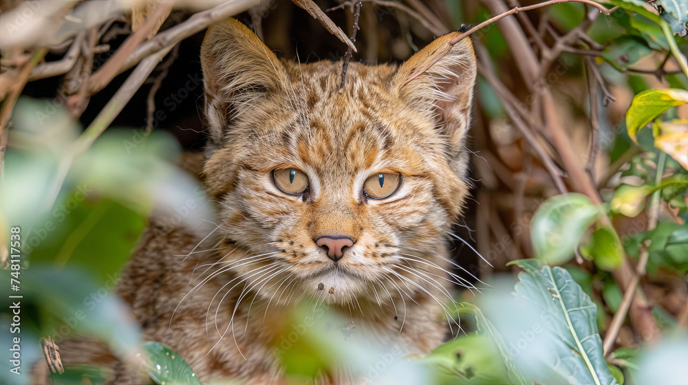 In the dark depths of the forest, a night predator is sneaking a red cat, carefully tracking its In the dark depths of the forest, a night predator is sneaking a red cat, carefully tracking its