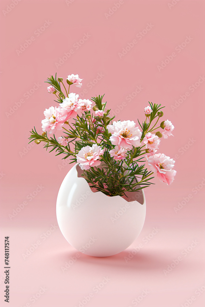 White egg with flowers inside on pastel pink background. Flowers popping out of cracked eggshell. Creative minimalistic Easter concept, spring floral composition for card, banner, poster. Copy space White egg with flowers inside on pastel pink background. Flowers popping out of cracked eggshell. Creative minimalistic Easter concept, spring floral composition for card, banner, poster. Copy space