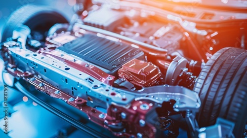 A close up of electric car chassis detailed against a soft blue tech background