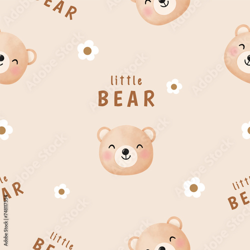 Watercolor seamless pattern with cute little bears for children textile, apparel, nursery decoration, gift wrap paper, background. vector illustration