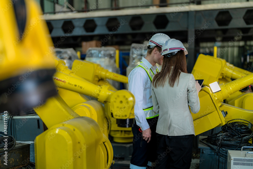 Factory engineers inspecting on machine with smart tablet. Worker works at heavy machine robot arm. The welding machine with a remote system in an industrial factory. Artificial intelligence concept. Factory engineers inspecting on machine with smart tablet. Worker works at heavy machine robot arm. The welding machine with a remote system in an industrial factory. Artificial intelligence concept.
