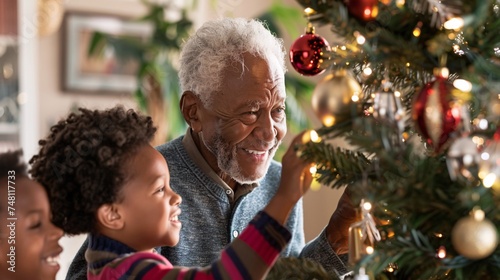 A cheerful senior man shares a joyful moment with his grandchildren as they decorate the Christmas tree