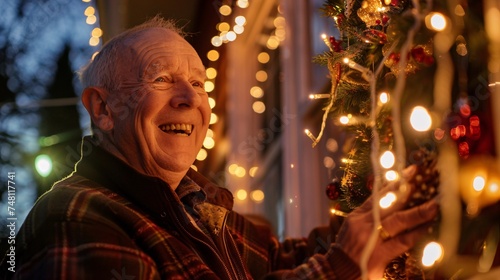 A cheerful senior man laughs as he hangs holiday lights on the exterior of his home