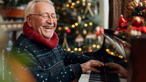 A cheerful senior man laughs as he plays Christmas carols on the piano