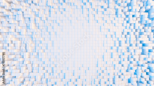  Wall of cubes, squares background template wallpaper pattern with different levels and depth smooth place for logo or product design. Backdrop for studio photos. White blue color mosaic perspective photo