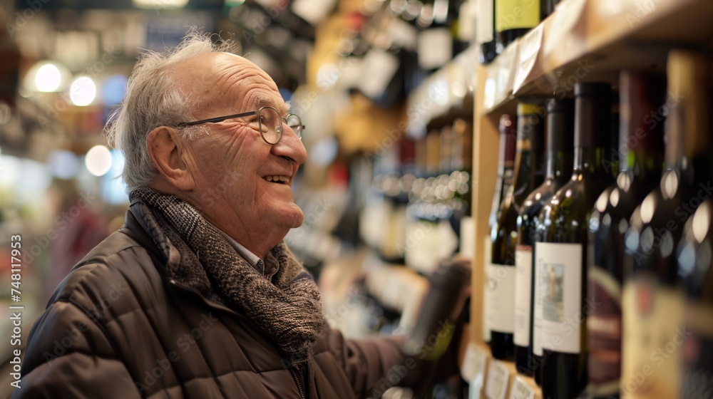 A cheerful senior gentleman browsing a selection of fine wines at a market A cheerful senior gentleman browsing a selection of fine wines at a market