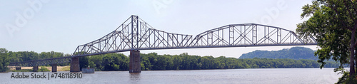 Wide Panorama, view from the North. Black Hawk Bridge over the Mississippi River, joining Lansing IA, to Crawford County, WI. The bridge is a riveted cantilever through truss bridge.  photo