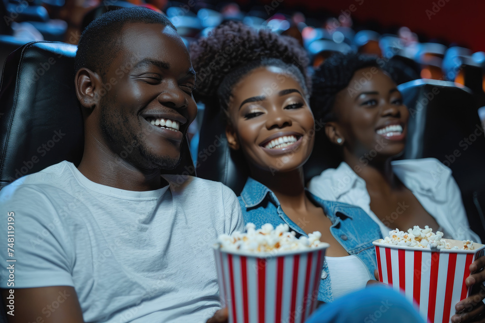 Happy black couple eats popcorn while watching movie in theater