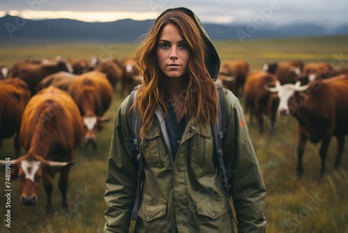 Mountain farm girl  tending cows for fresh, homemade milk   sustainable agriculture concept photo
