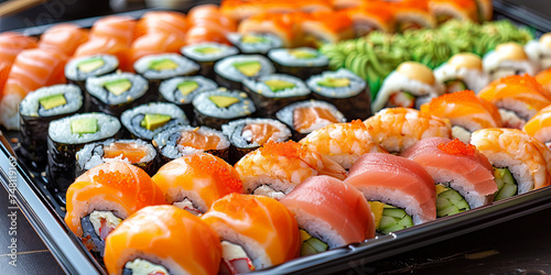 Sushichef, masterfully creating exquisite lands and rolls, combining various types of fish, seafo