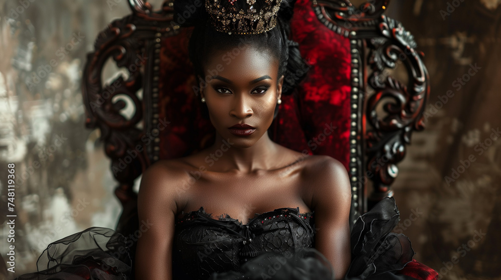A black woman sitting on a throne wearing a crown. A black woman sitting on a throne wearing a crown.
