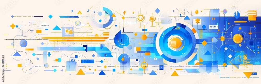 Obraz premium Bright and dynamic abstract in the Neomorphism style with a variety of geometric shapes. Concept: web design, packaging element, book covers or music albums. Banner